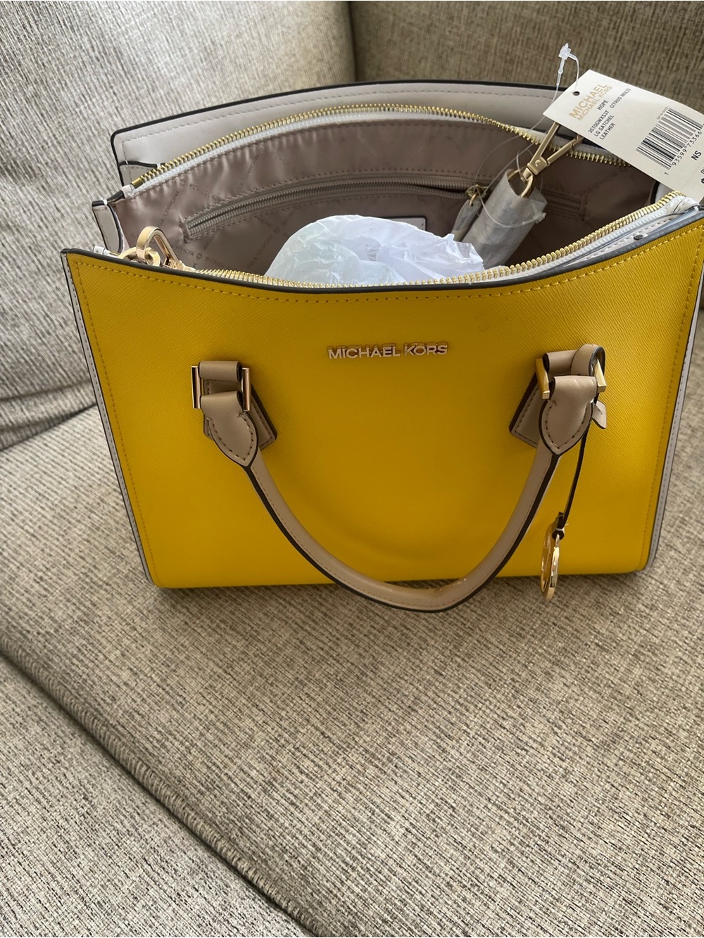 Michael Kors Yellow Saffiano Leather Satchel with Tan Trim